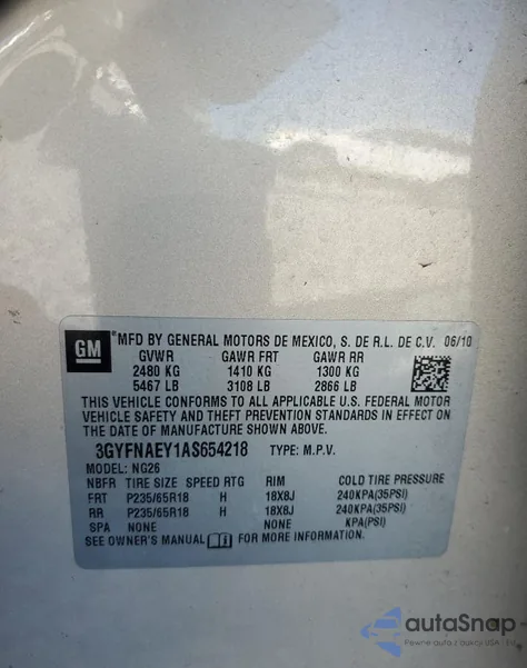 2010 Cadillac Srx Luxury Collection z USA, uszkodzony, nr VIN 3GYFNAEY1AS654218